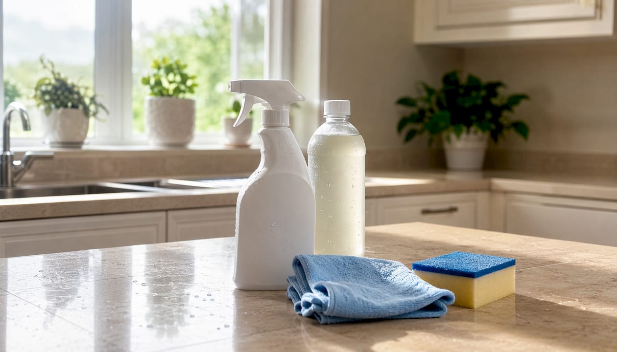 Tile cleaning supplies on bathroom counter