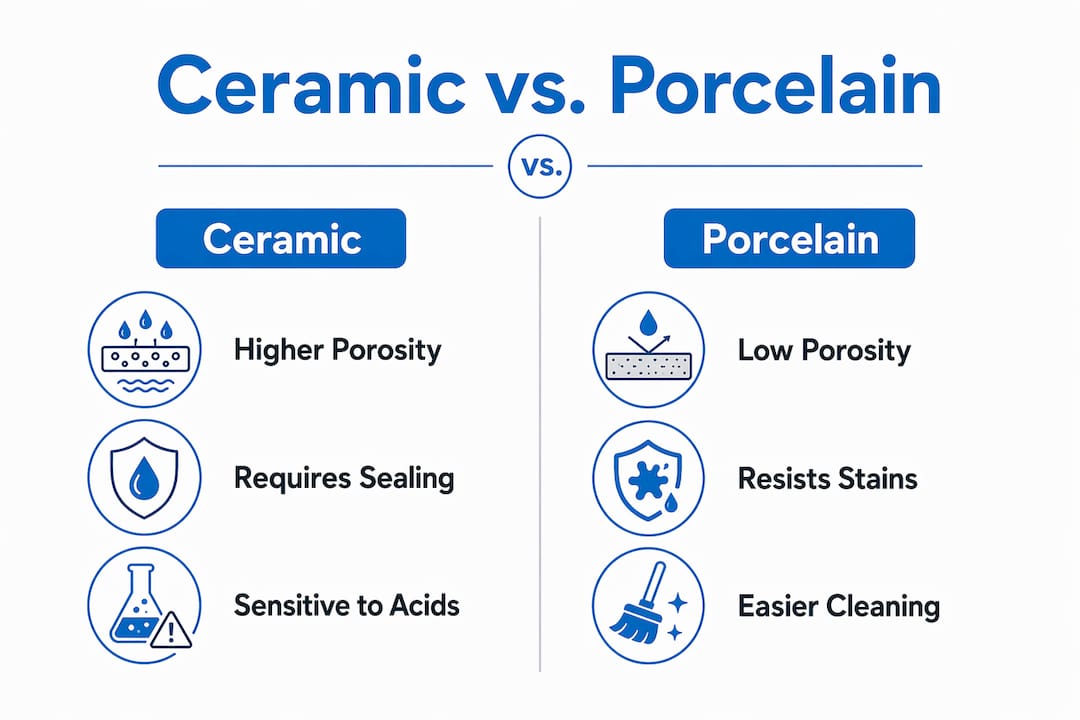 Infographic showing ceramic vs porcelain tile cleaning differences