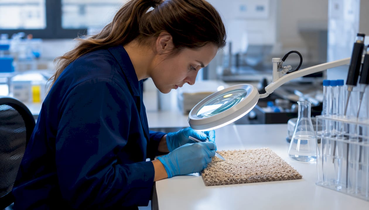 Close-up of carpet fibers treated with antimicrobial agent