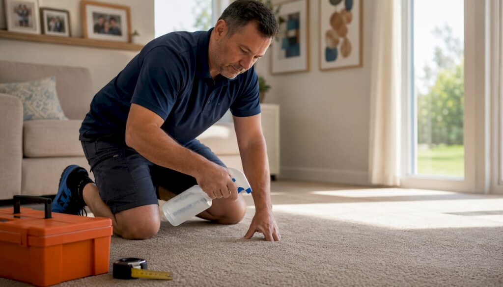 Technician spraying antimicrobial treatment on carpet