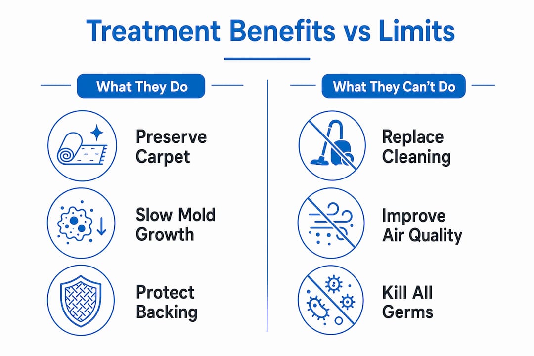 Infographic contrasting antimicrobial carpet treatment benefits and limitations