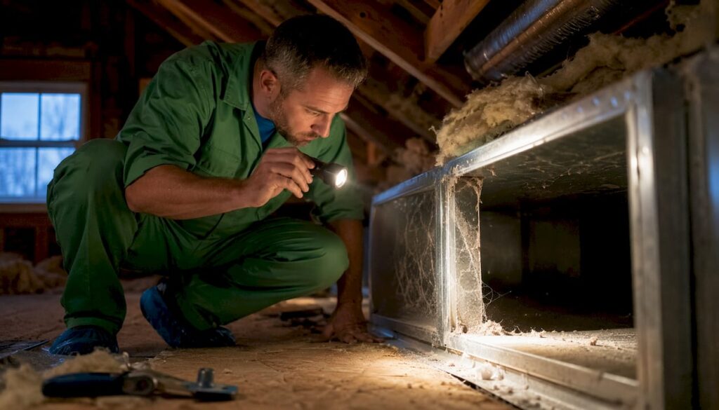 Technician inspecting residential air duct
