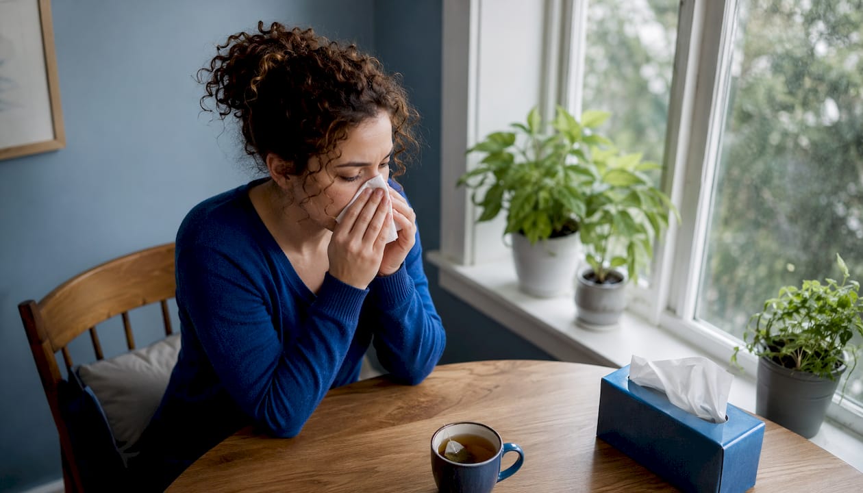 Woman sitting near HVAC vent with allergy symptoms