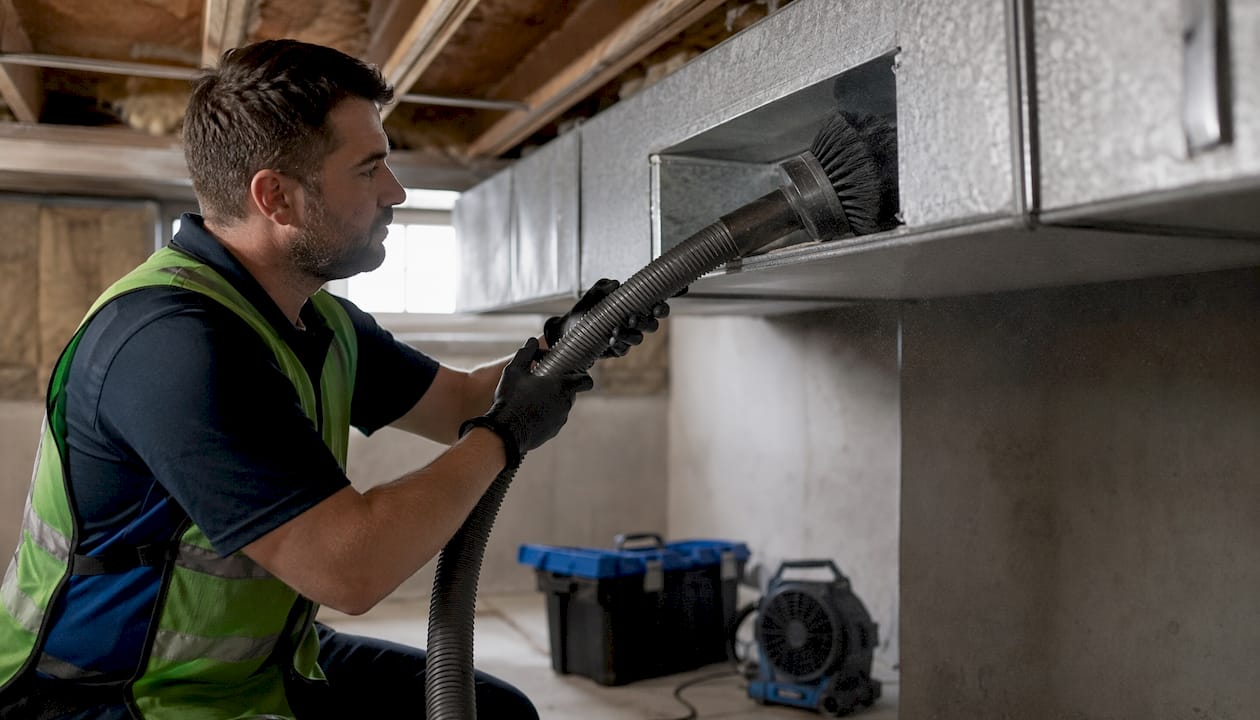 HVAC technician cleaning air ducts inside building