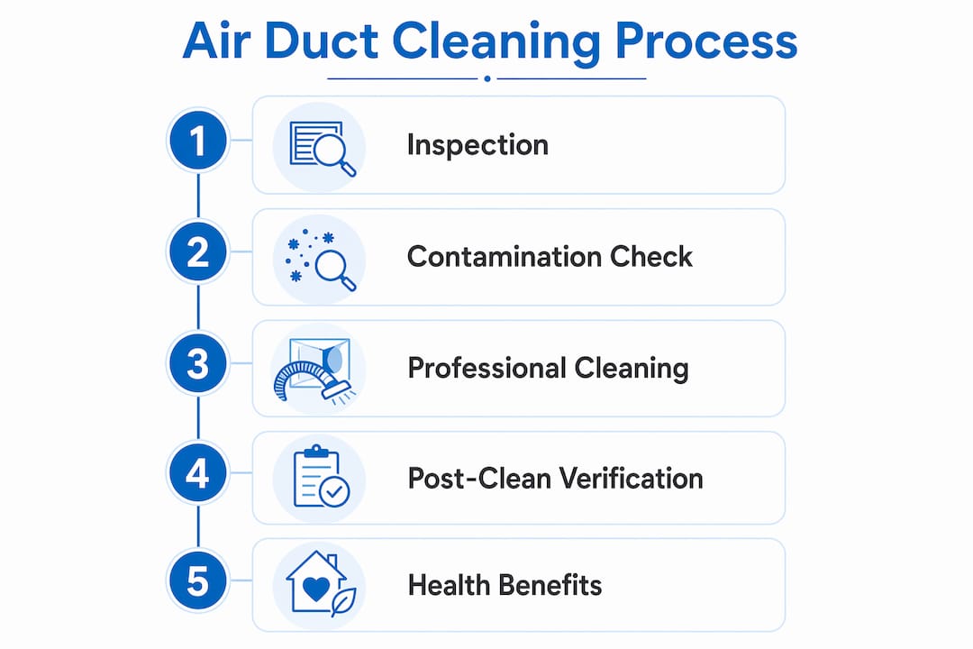 Infographic illustrating air duct cleaning steps and respiratory health