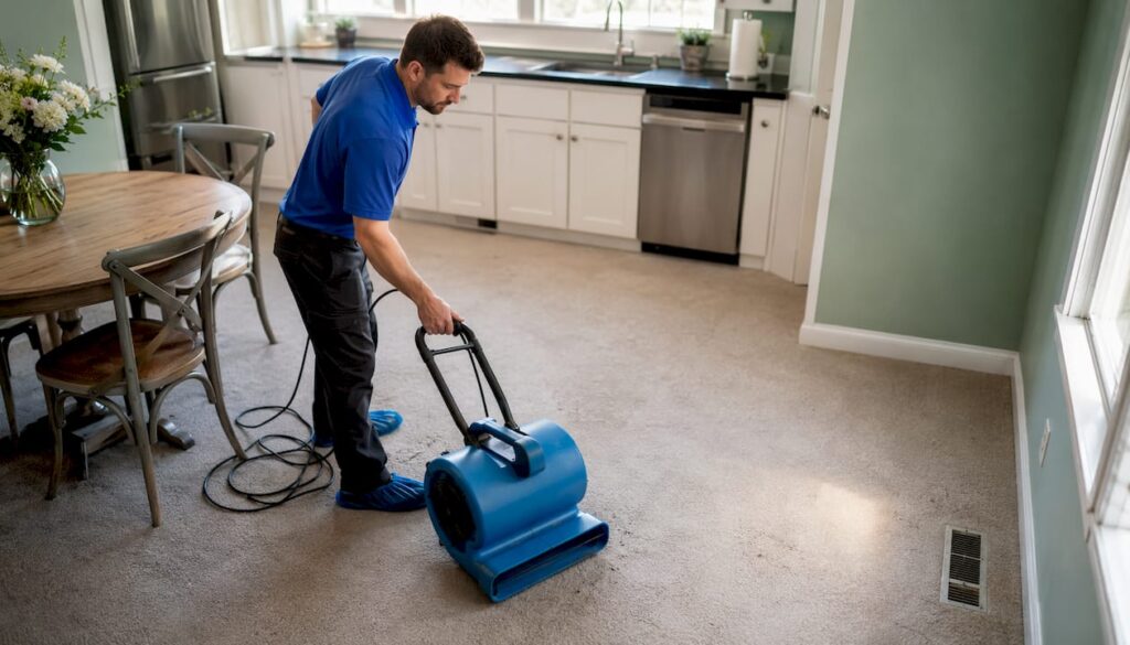 Technician using air mover to dry carpet