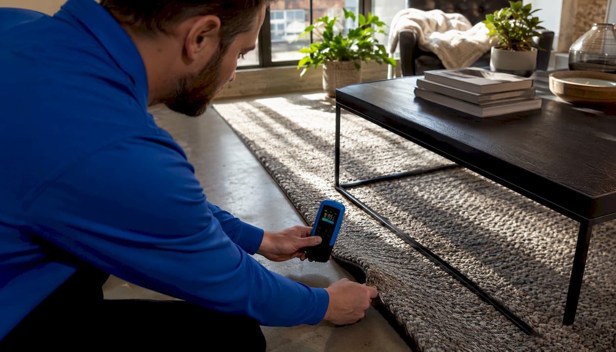Hands measuring carpet moisture with humidity meter