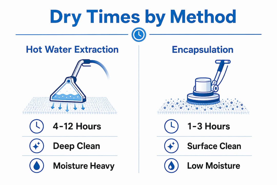 Infographic comparing carpet drying times by method
