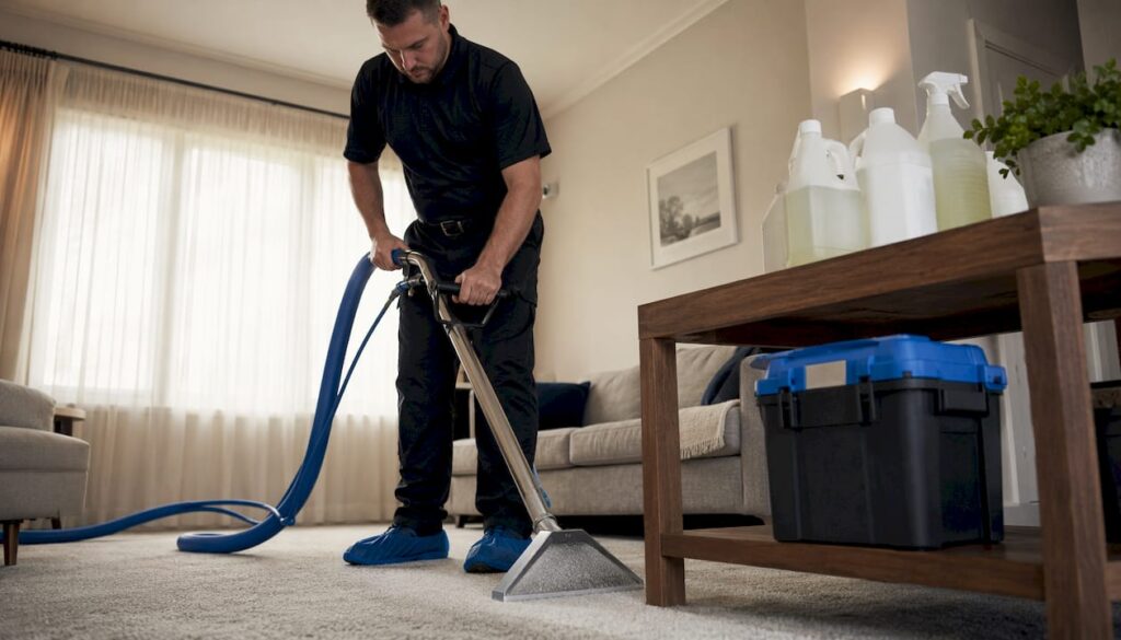Technician using carpet cleaning machine indoors