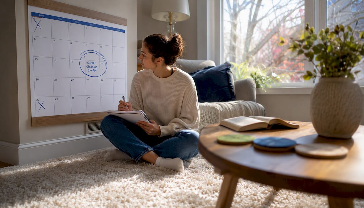 Woman marking calendar for carpet cleaning