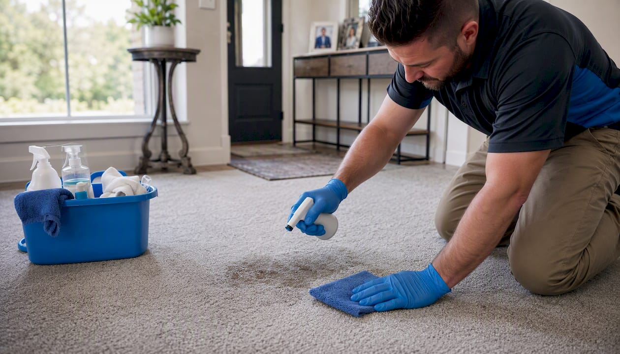 Hands treating pet stain on carpet