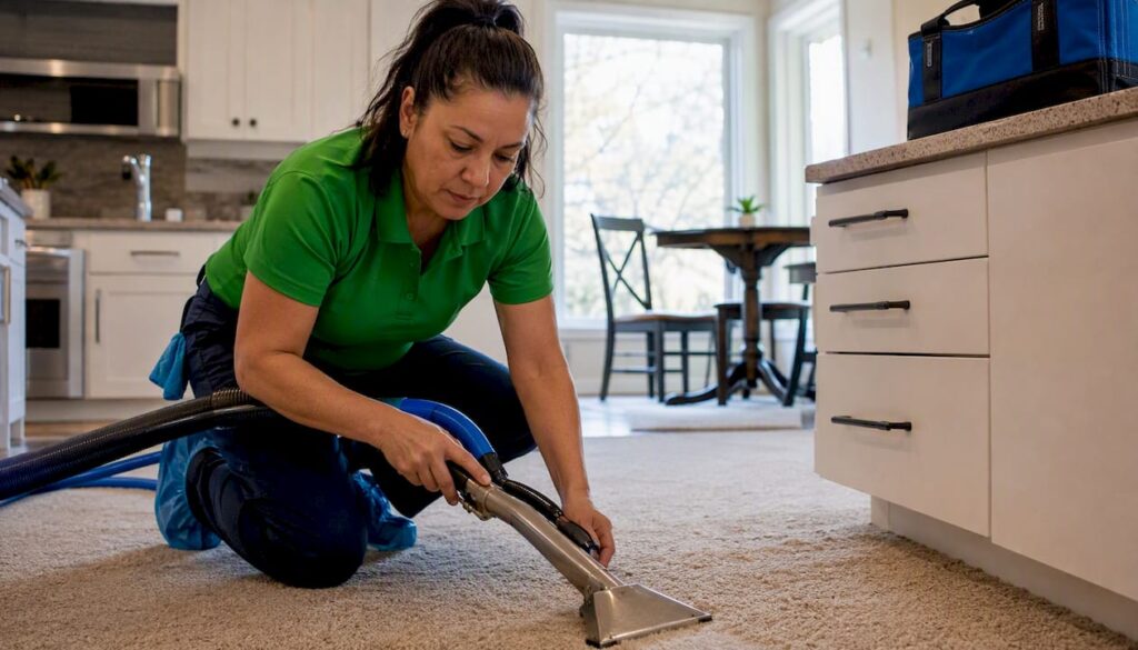 Carpet cleaning technician using machine in home