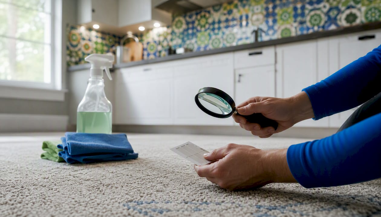 Hands inspecting carpet fibers for residue