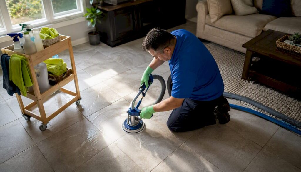 Technician cleaning tile floor in home