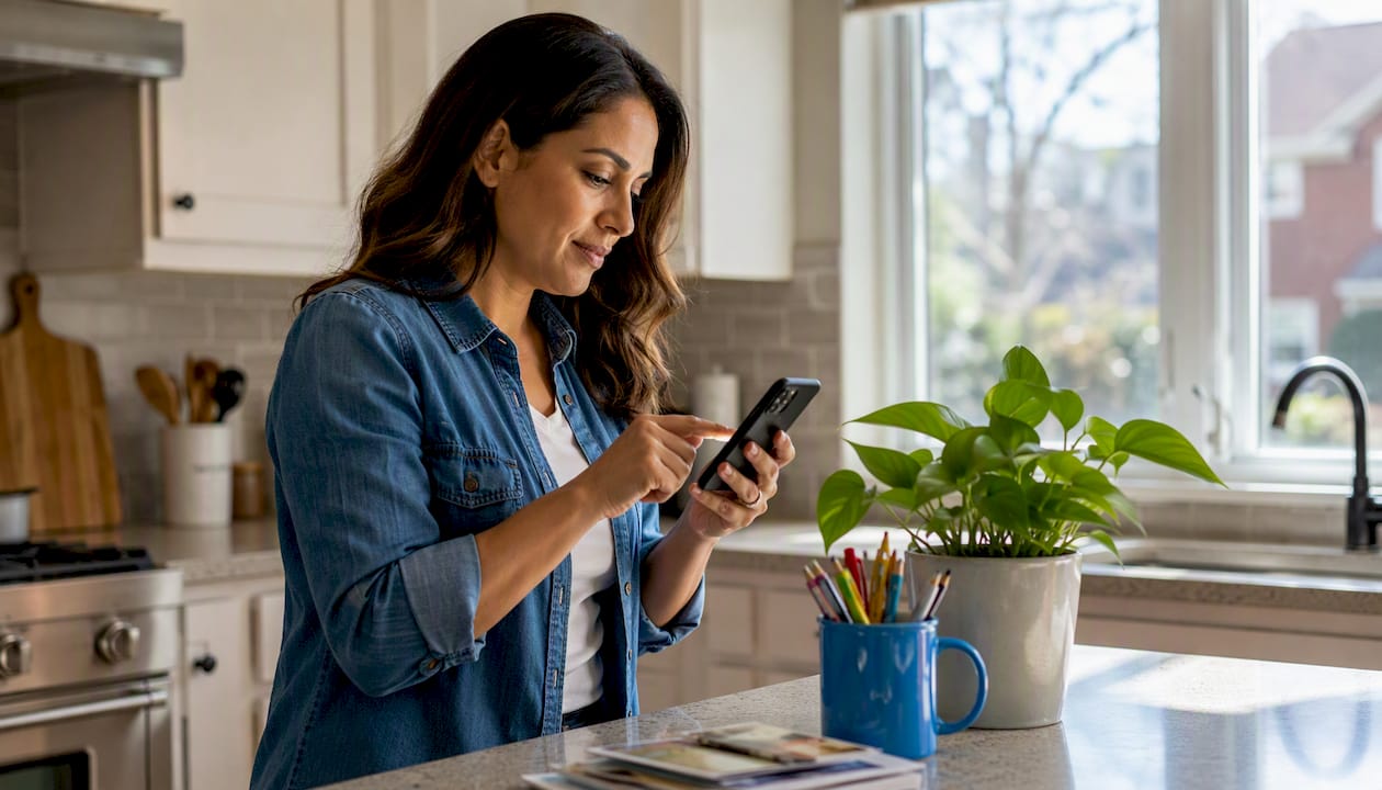Woman booking cleaning service on smartphone