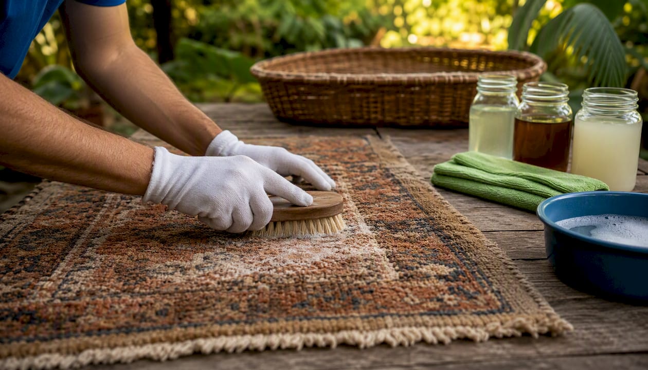 Hands cleaning wool rug with gentle brush
