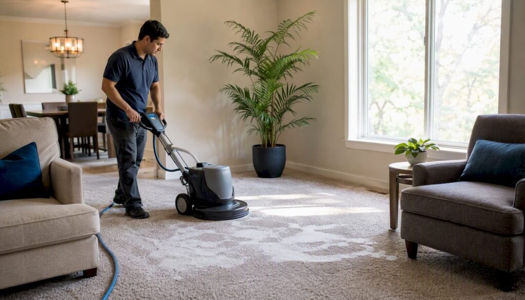 Technician performing quick dry carpet cleaning