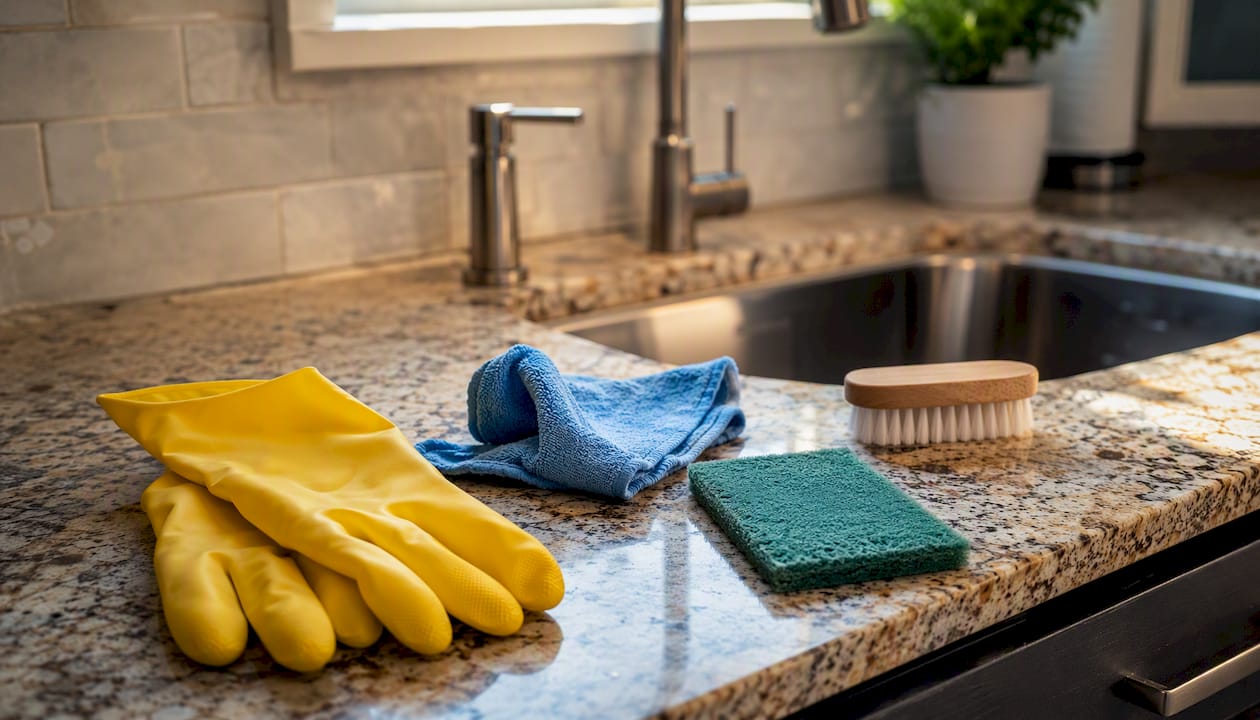 Tile cleaning tools and gloves on bathroom counter