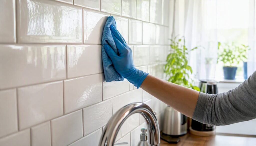 Gloved hand cleaning tile with vinegar solution