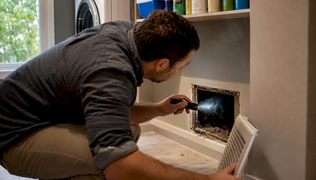 Hand inspecting interior of residential air duct with flashlight