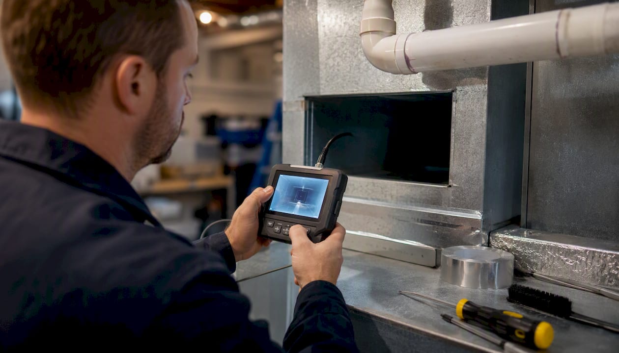 Technician operating duct inspection camera inside furnace room