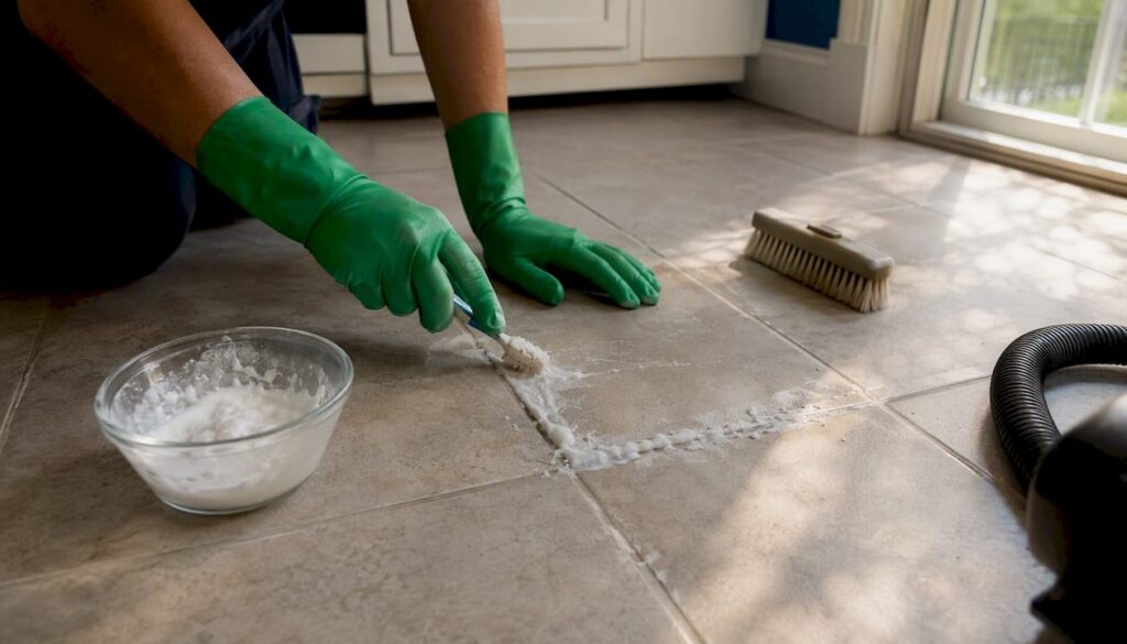 Hands applying cleaning paste on unsealed grout