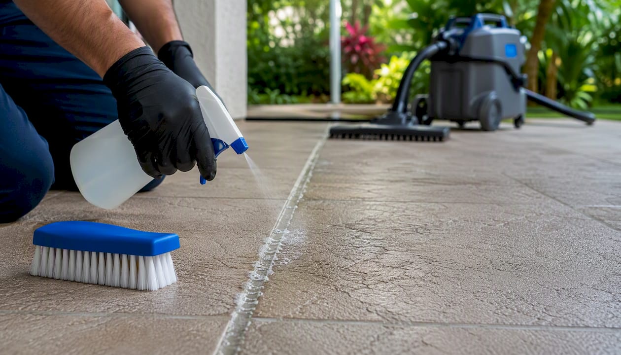 Applying oxygen bleach solution on grout lines
