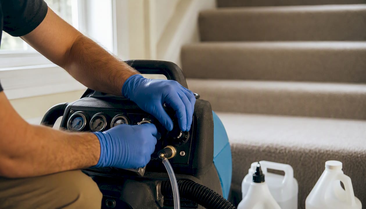 Hands adjusting carpet cleaner settings