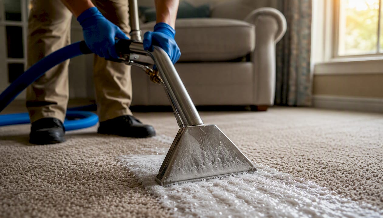 Close-up of hot-water extraction cleaning on carpet