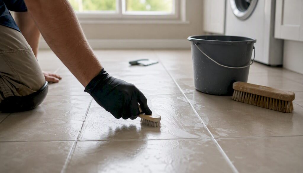 Hand cleaning tile grout haze with nylon pad