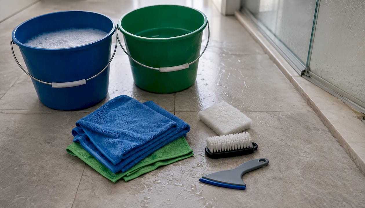 Buckets and cleaning tools ready for grout haze removal