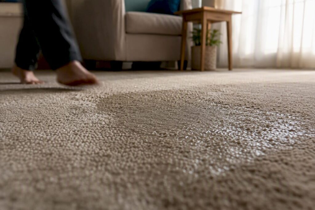 Wet carpet fibers flattened under pressure close-up