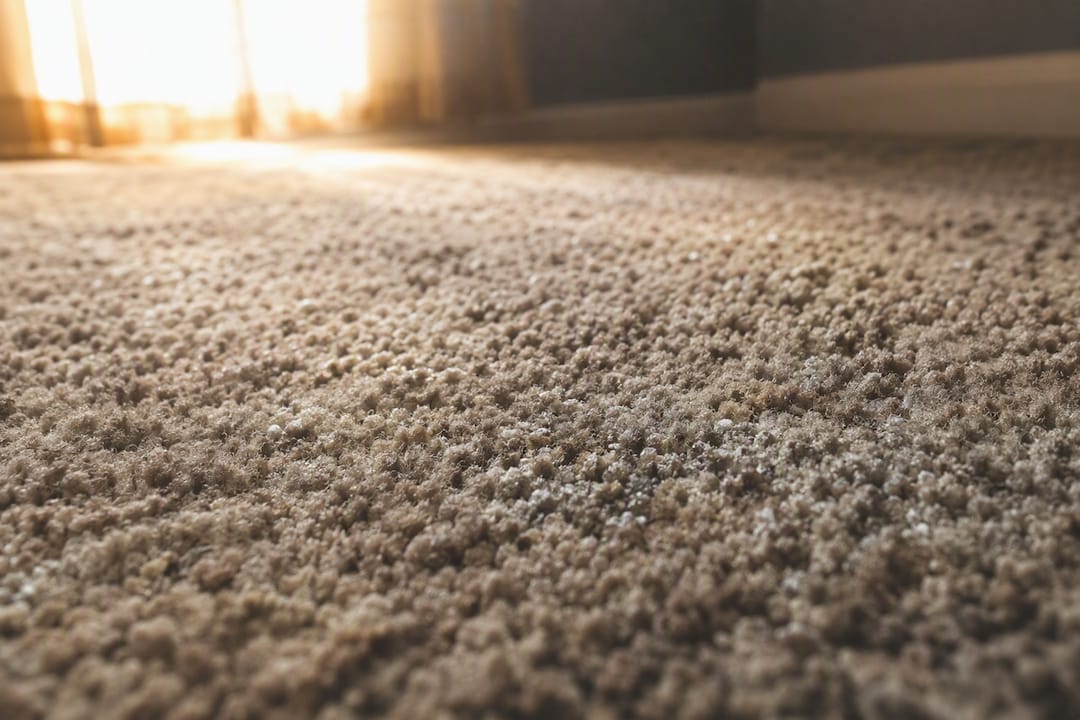 Close-up of carpet fibers with salt damage and abrasion