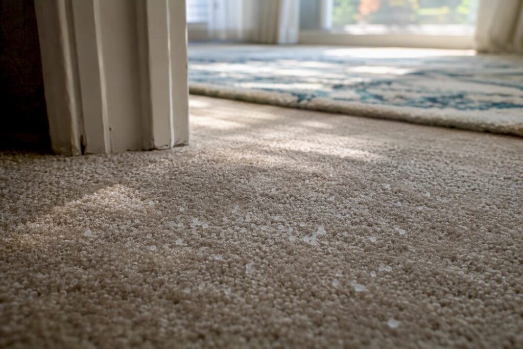 Carpet fibers with visible road salt crystals