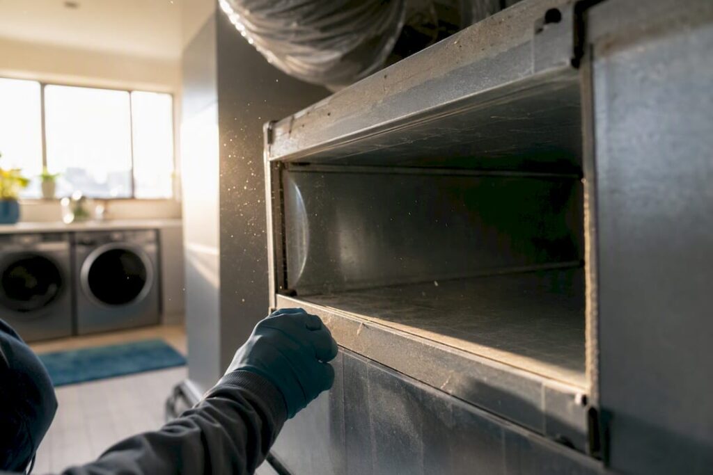 Close-up of open cleaned air duct in basement