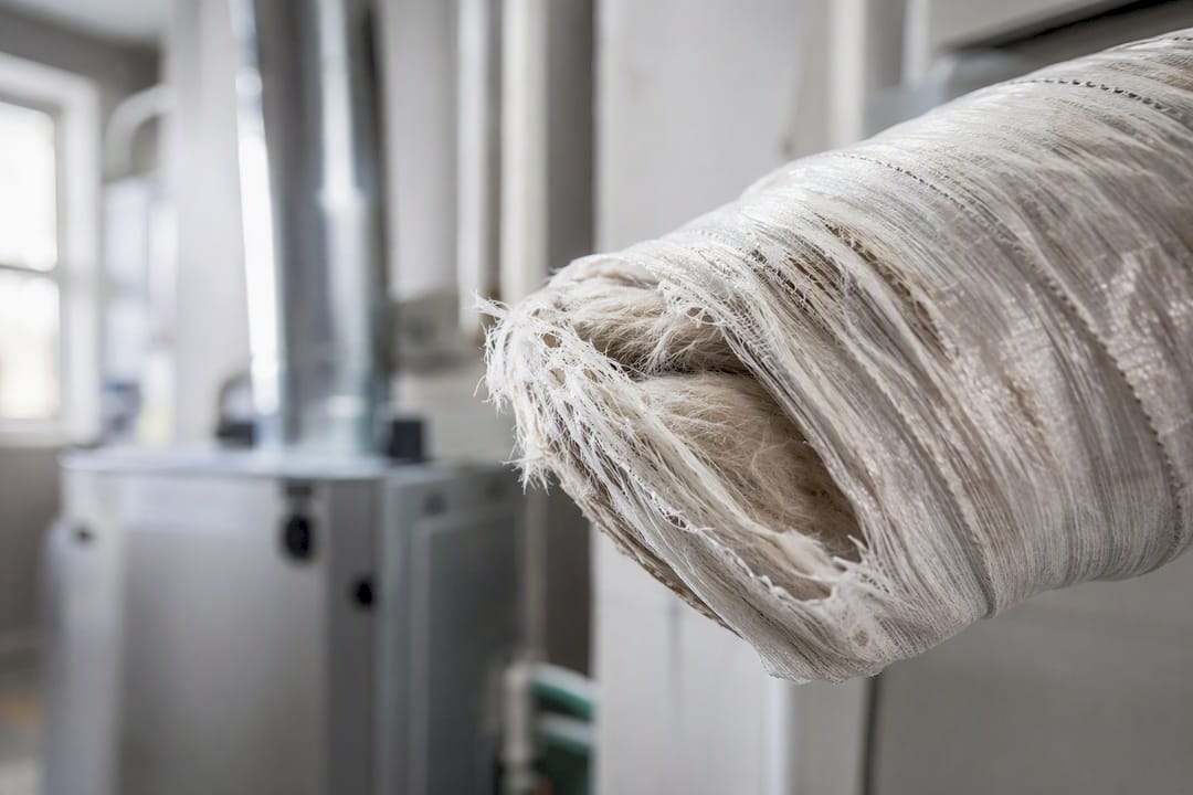 Close-up of damaged flexible air duct lining