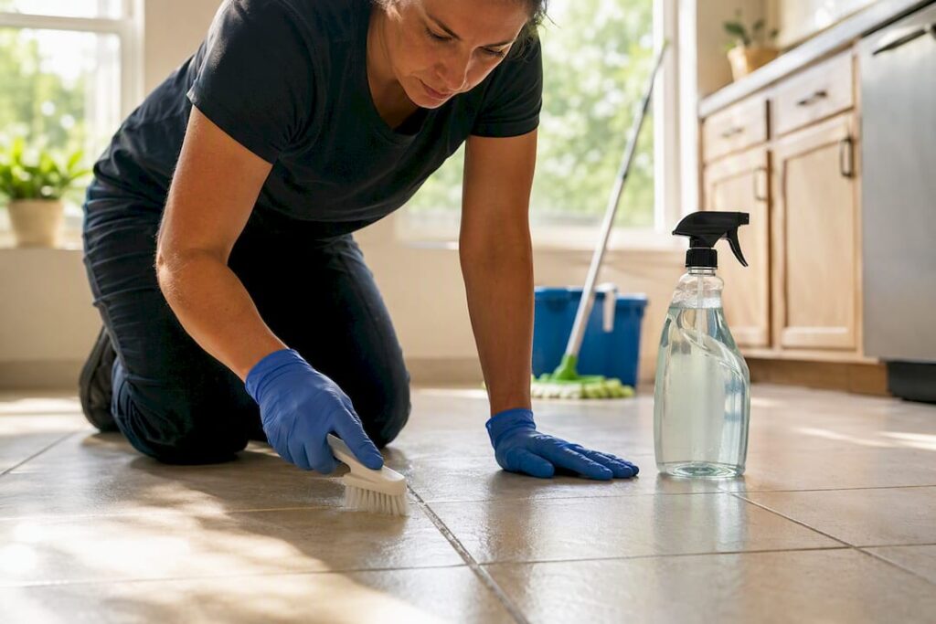 Professional grout scrubbing on mosaic tile
