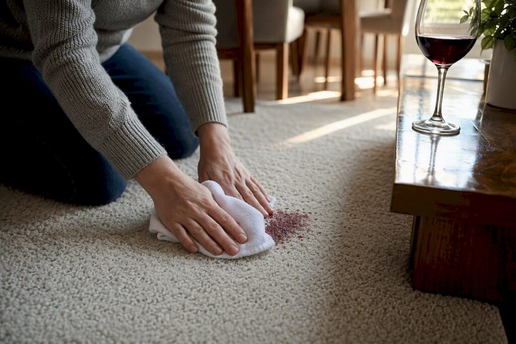 Hands blotting red wine stain on carpet