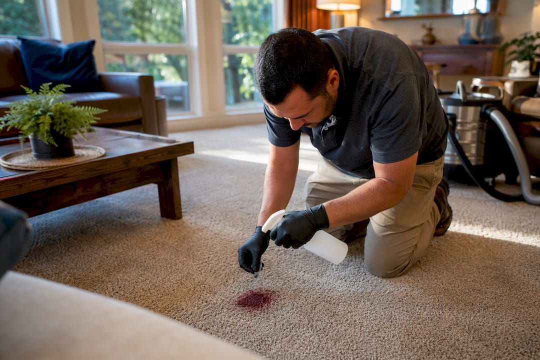 Professional applying cleaner to red wine stain