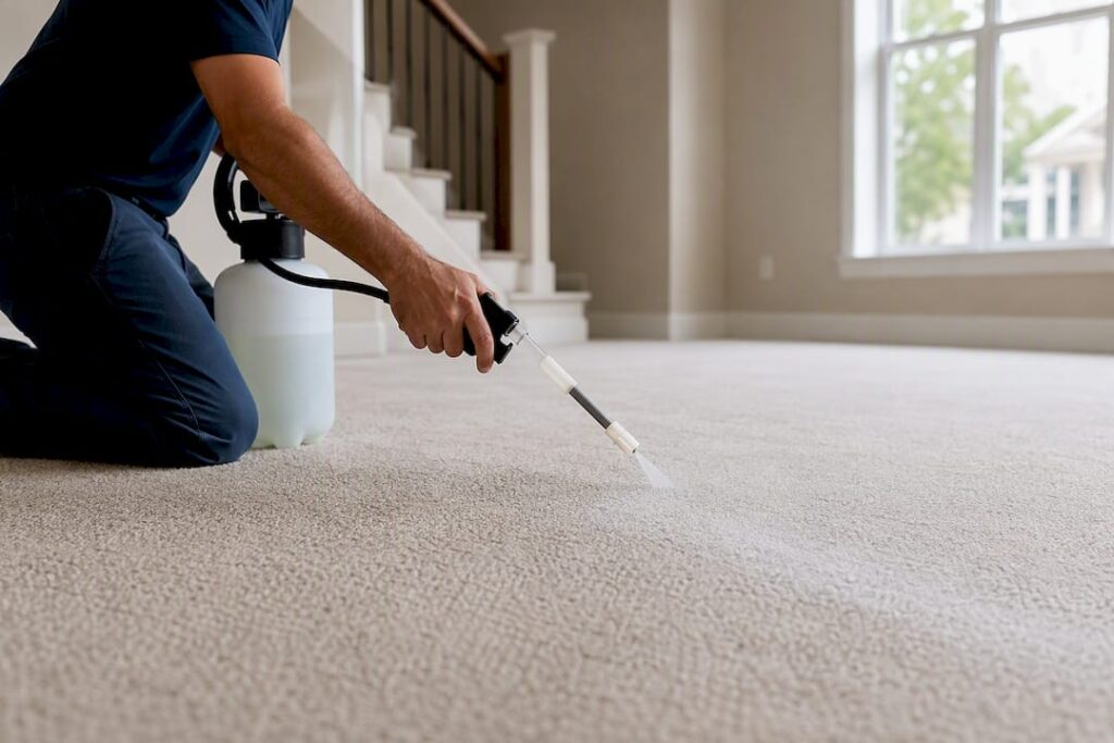 Professional applying treatment to empty carpet