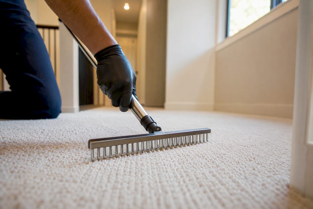Hand grooming carpet fibers with rake