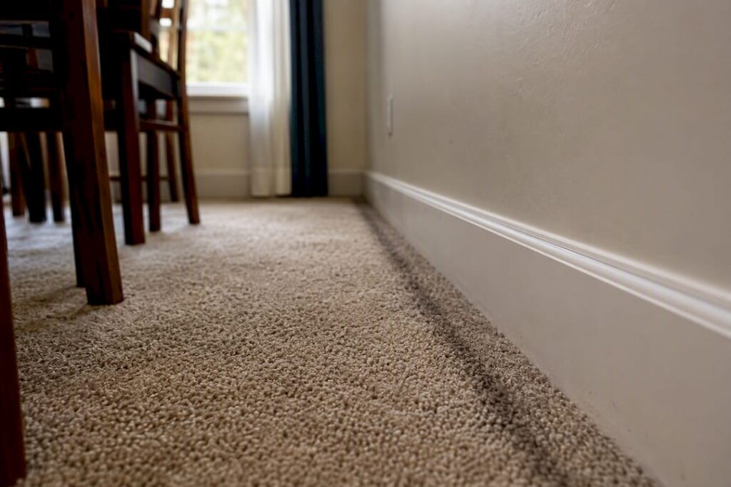 Close-up of dark soil lines on carpet edge