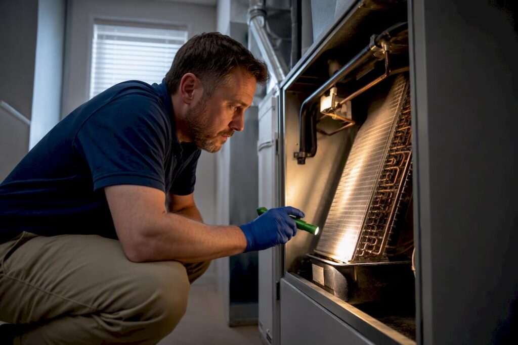 Technician inspecting evaporator coil and condensate pan