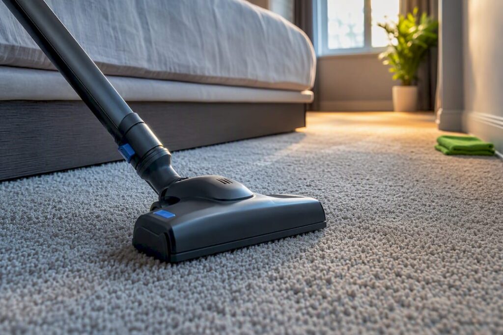 HEPA vacuum cleaning bedroom carpet