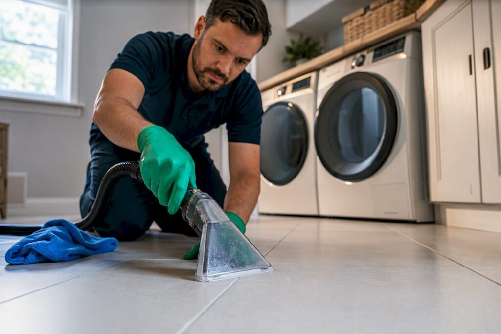 Technician cleaning tile grout with extraction tool