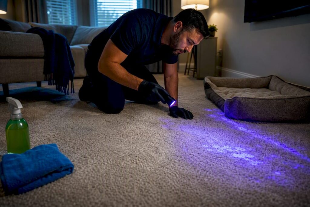 Technician mapping pet odor on carpet