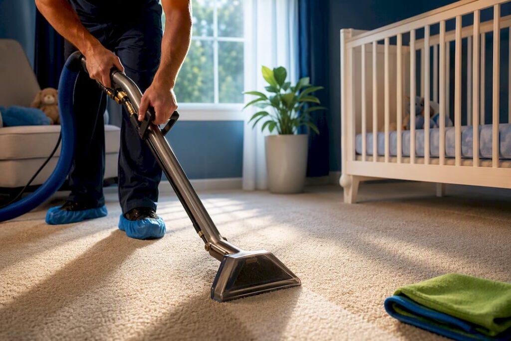 Cleaner extracting allergens from home carpet