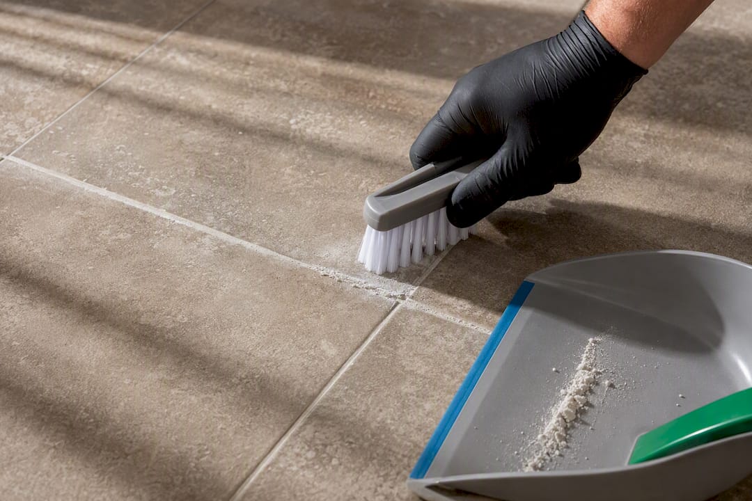 Nylon brush removing grout efflorescence