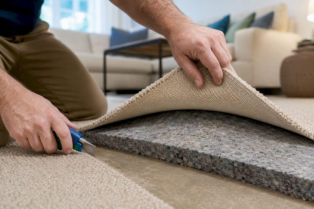 Professional inspecting carpet padding beneath lifted carpet