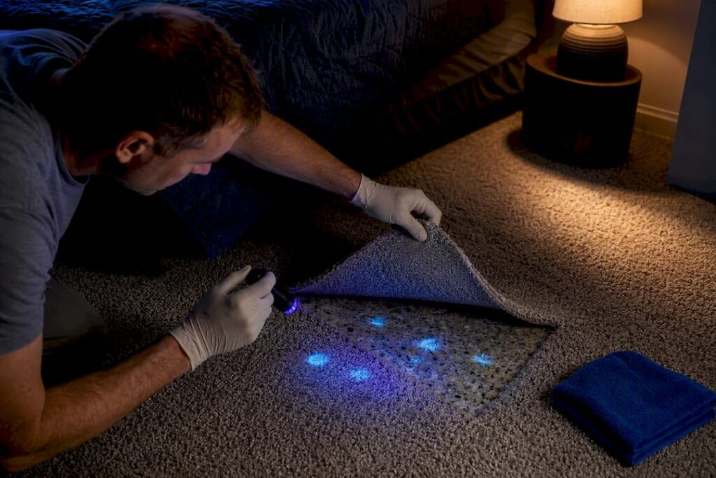 UV light revealing urine spots near carpet padding